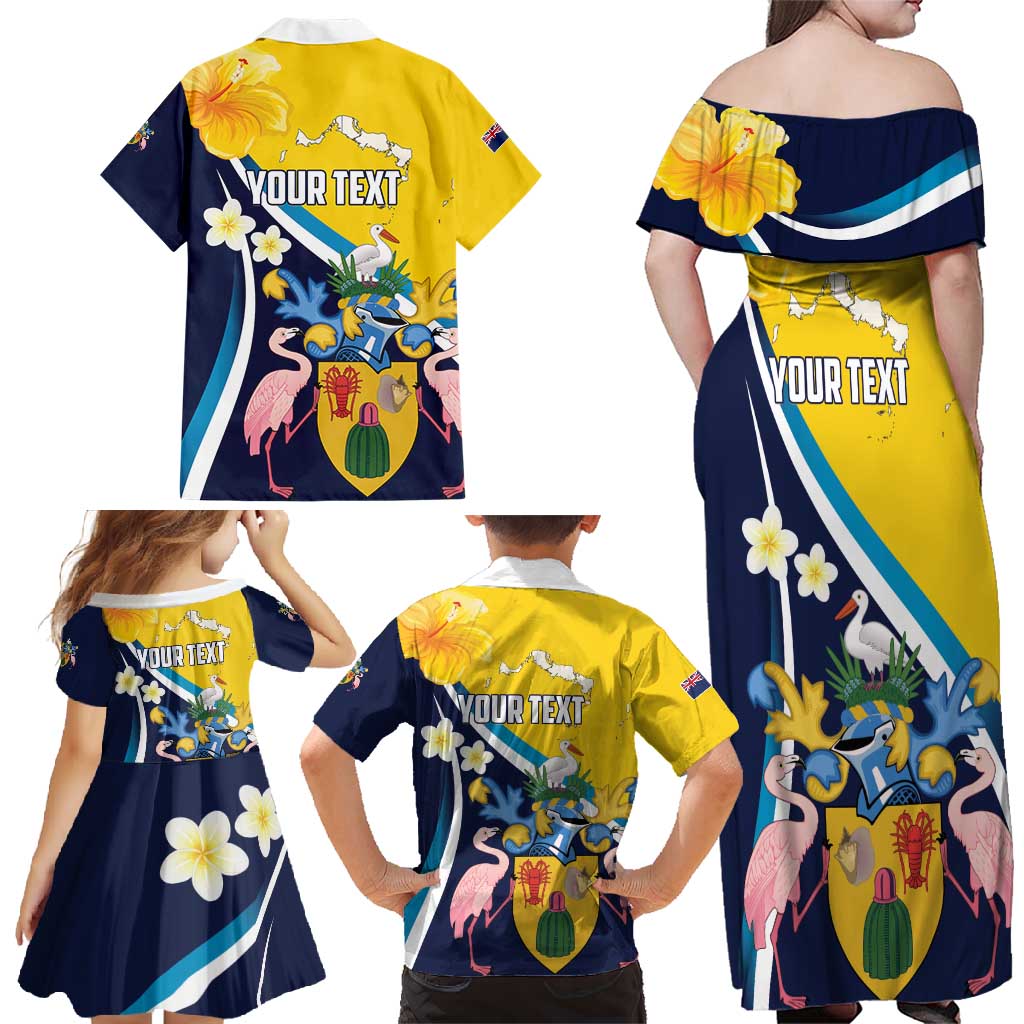 Personalised Turks and Caicos Islands Family Matching Off Shoulder Maxi Dress and Hawaiian Shirt Coat Of Arms Tropical Flowers