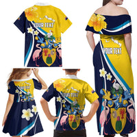 Personalised Turks and Caicos Islands Family Matching Off Shoulder Maxi Dress and Hawaiian Shirt Coat Of Arms Tropical Flowers