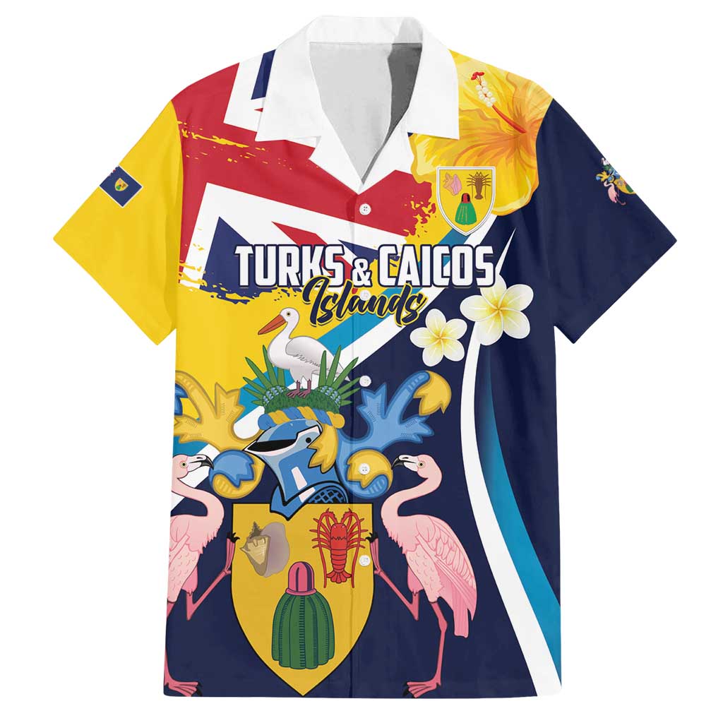 Personalised Turks and Caicos Islands Family Matching Off Shoulder Maxi Dress and Hawaiian Shirt Coat Of Arms Tropical Flowers