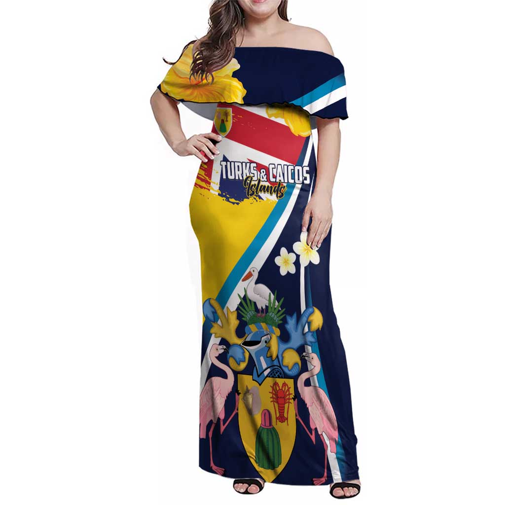 Personalised Turks and Caicos Islands Family Matching Off Shoulder Maxi Dress and Hawaiian Shirt Coat Of Arms Tropical Flowers