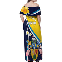 Personalised Turks and Caicos Islands Family Matching Off Shoulder Maxi Dress and Hawaiian Shirt Coat Of Arms Tropical Flowers