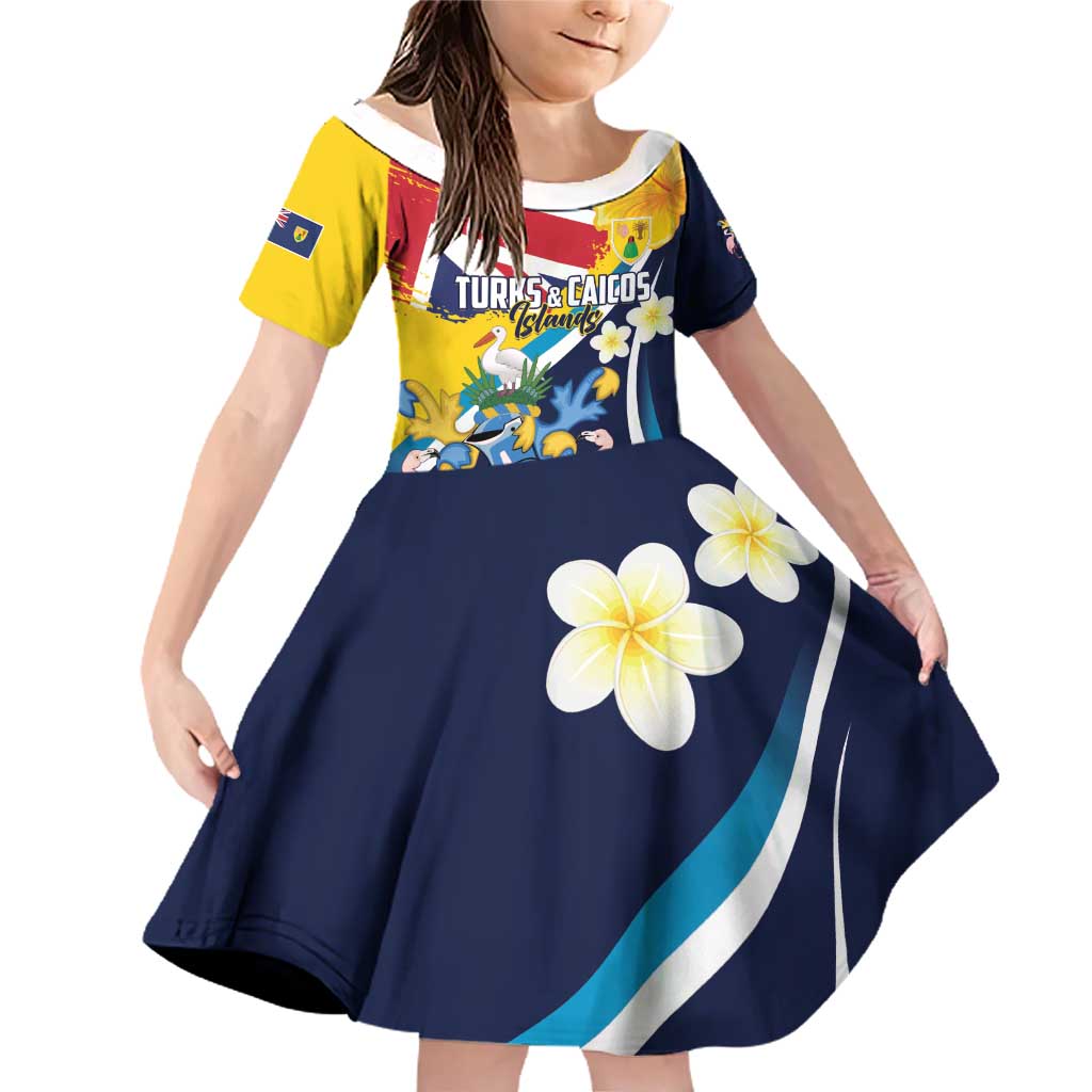 Personalised Turks and Caicos Islands Family Matching Off Shoulder Short Dress and Hawaiian Shirt Coat Of Arms Tropical Flowers