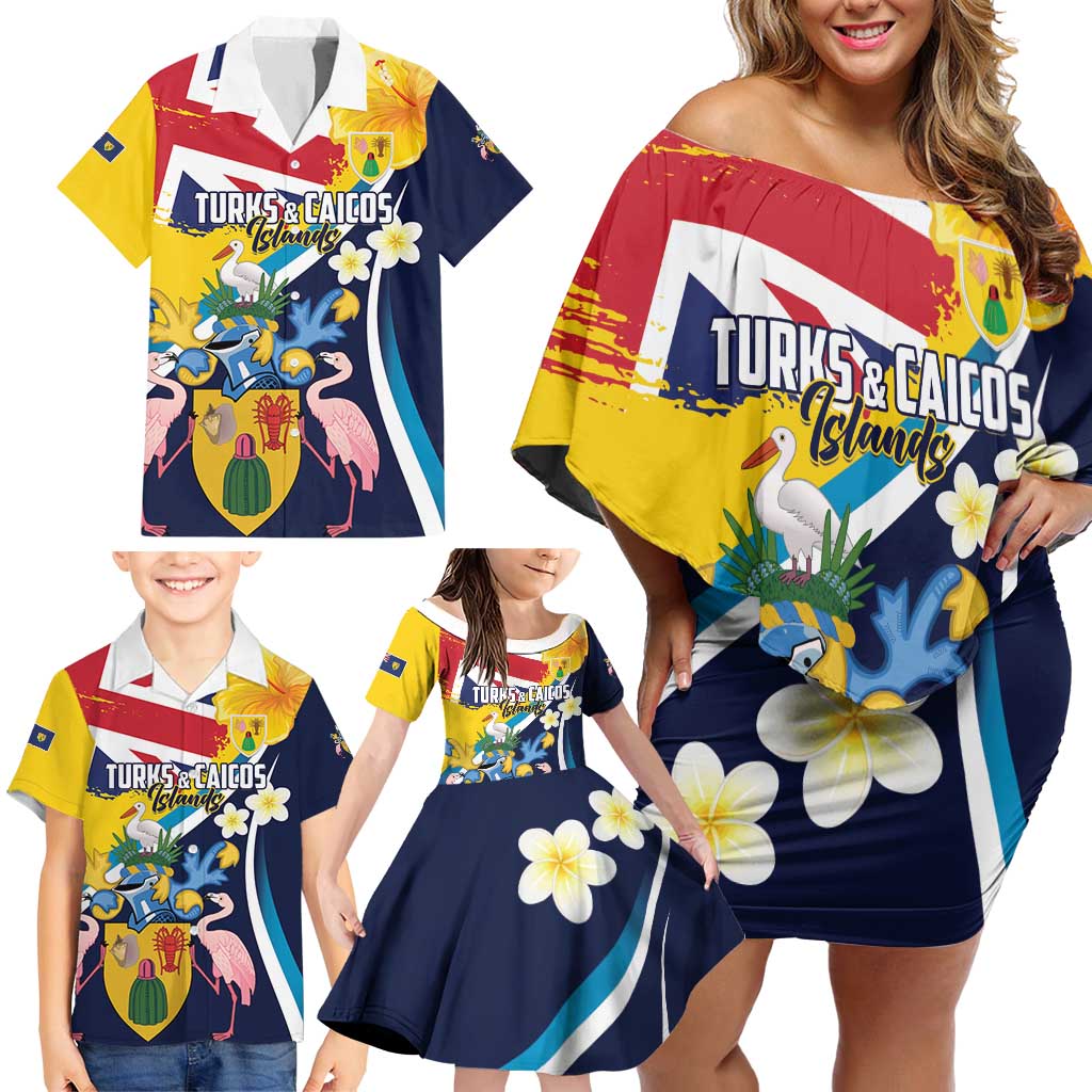 Personalised Turks and Caicos Islands Family Matching Off Shoulder Short Dress and Hawaiian Shirt Coat Of Arms Tropical Flowers