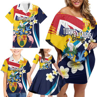 Personalised Turks and Caicos Islands Family Matching Off Shoulder Short Dress and Hawaiian Shirt Coat Of Arms Tropical Flowers