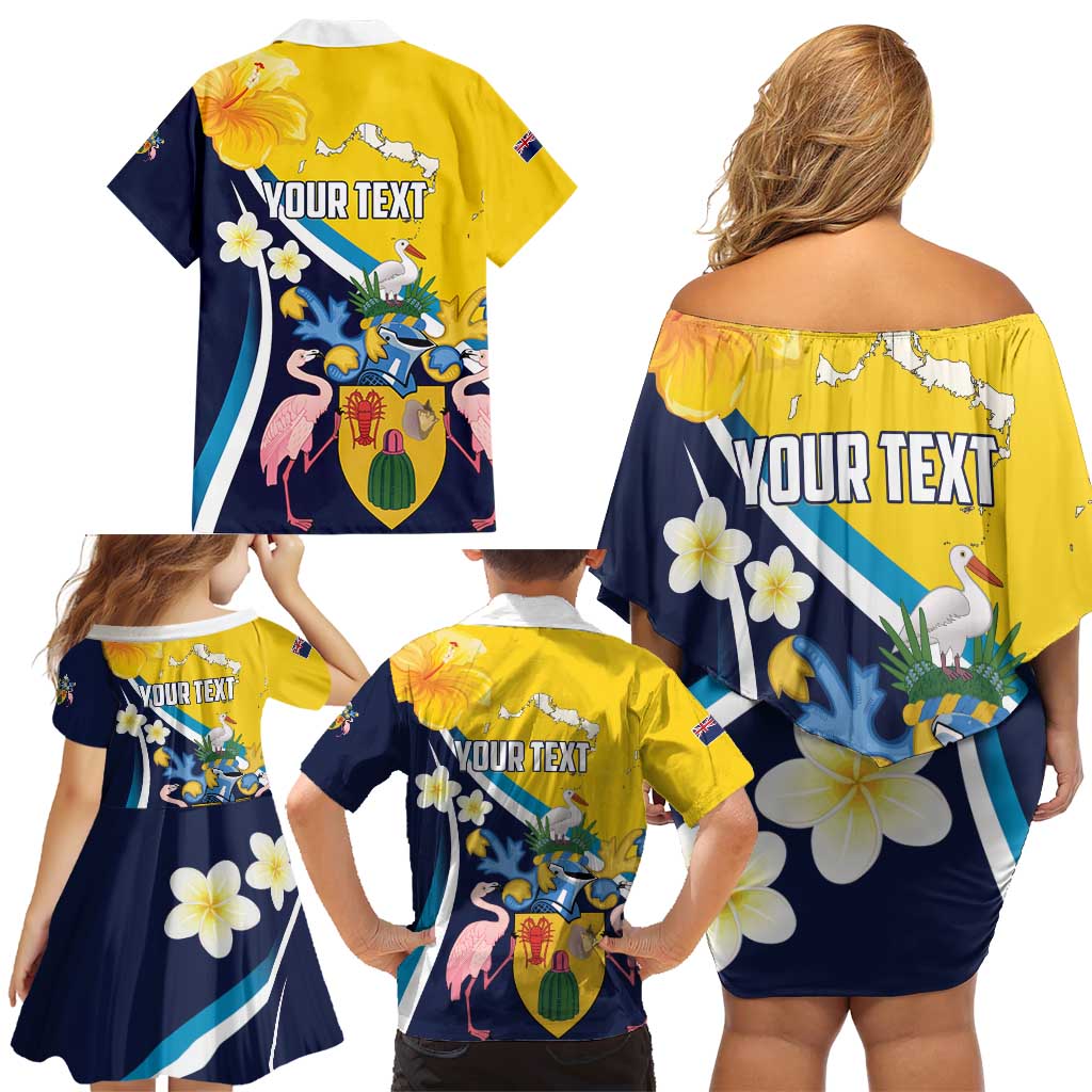 Personalised Turks and Caicos Islands Family Matching Off Shoulder Short Dress and Hawaiian Shirt Coat Of Arms Tropical Flowers