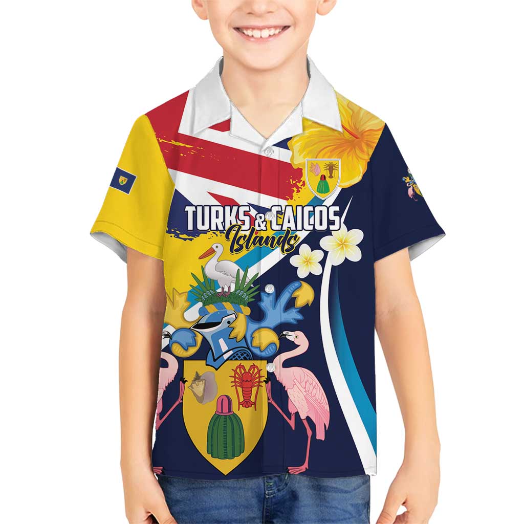 Personalised Turks and Caicos Islands Family Matching Off Shoulder Short Dress and Hawaiian Shirt Coat Of Arms Tropical Flowers