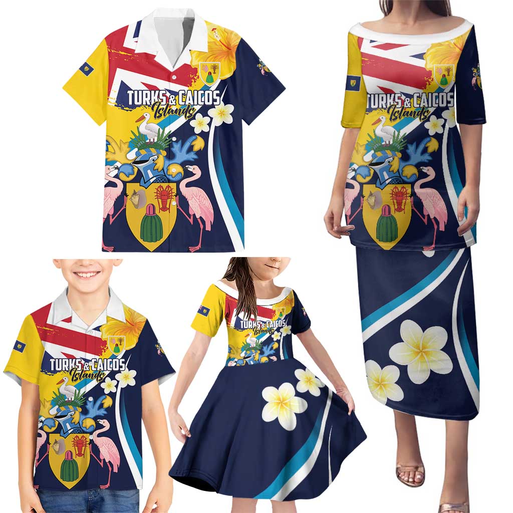 Personalised Turks and Caicos Islands Family Matching Puletasi and Hawaiian Shirt Coat Of Arms Tropical Flowers