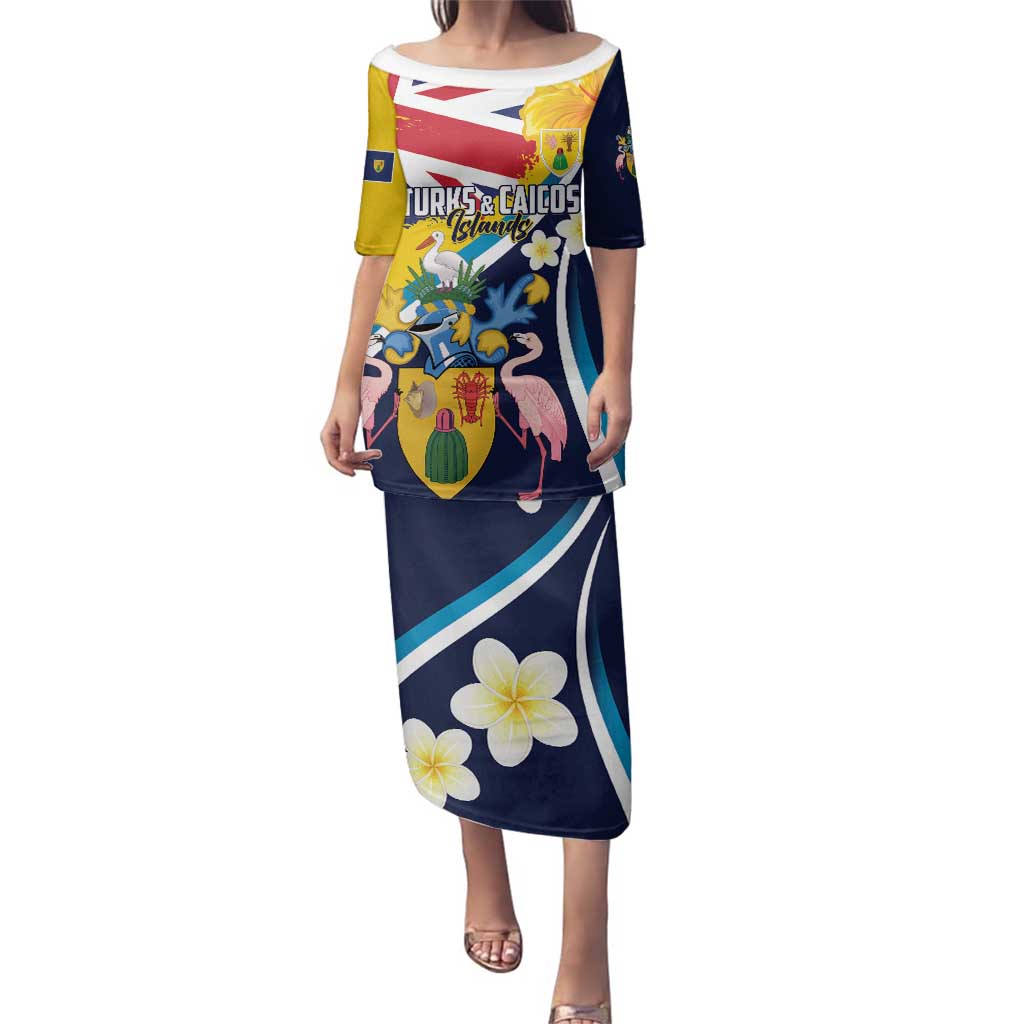 Personalised Turks and Caicos Islands Family Matching Puletasi and Hawaiian Shirt Coat Of Arms Tropical Flowers