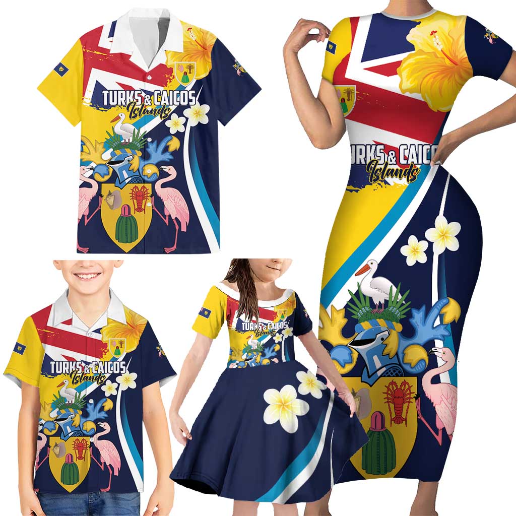 Personalised Turks and Caicos Islands Family Matching Short Sleeve Bodycon Dress and Hawaiian Shirt Coat Of Arms Tropical Flowers
