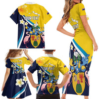 Personalised Turks and Caicos Islands Family Matching Short Sleeve Bodycon Dress and Hawaiian Shirt Coat Of Arms Tropical Flowers