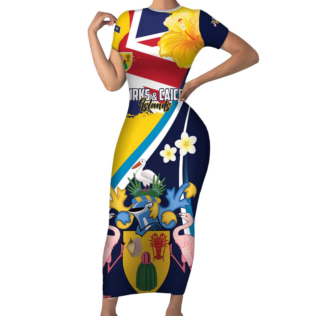 Personalised Turks and Caicos Islands Family Matching Short Sleeve Bodycon Dress and Hawaiian Shirt Coat Of Arms Tropical Flowers