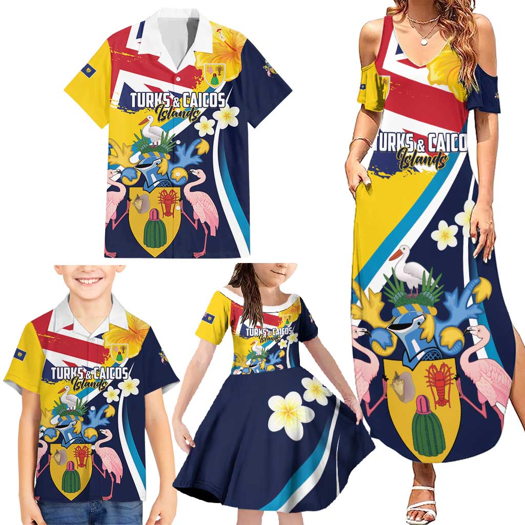 Personalised Turks and Caicos Islands Family Matching Summer Maxi Dress and Hawaiian Shirt Coat Of Arms Tropical Flowers