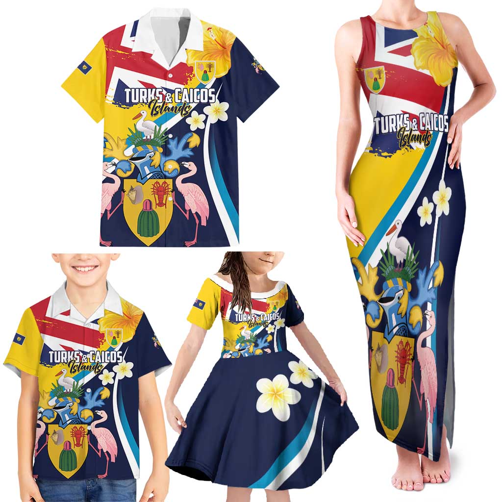 Personalised Turks and Caicos Islands Family Matching Tank Maxi Dress and Hawaiian Shirt Coat Of Arms Tropical Flowers