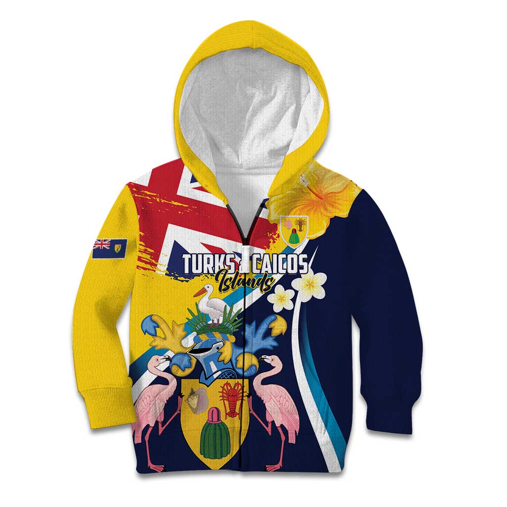 Personalised Turks and Caicos Islands Kid Hoodie Coat Of Arms Tropical Flowers