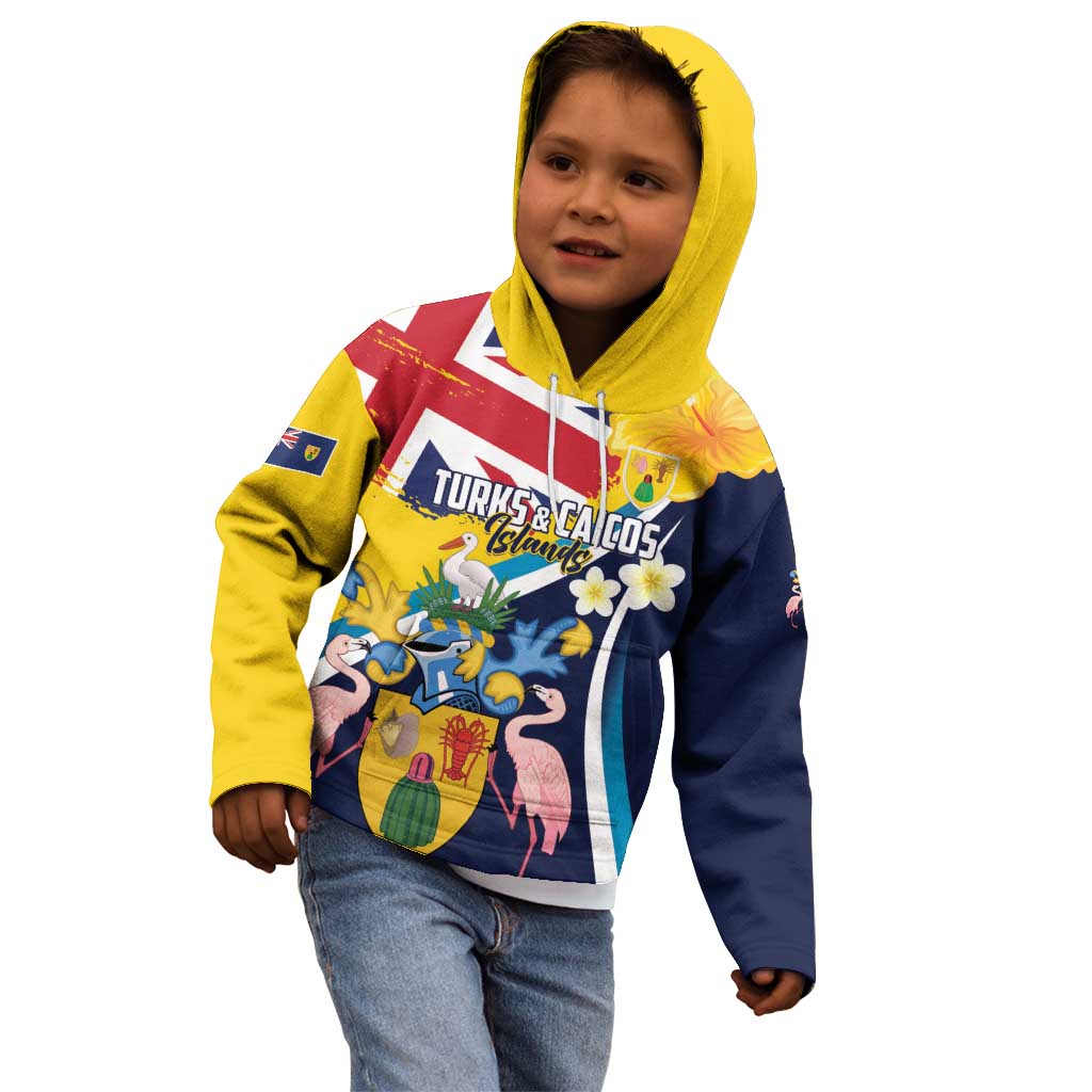 Personalised Turks and Caicos Islands Kid Hoodie Coat Of Arms Tropical Flowers