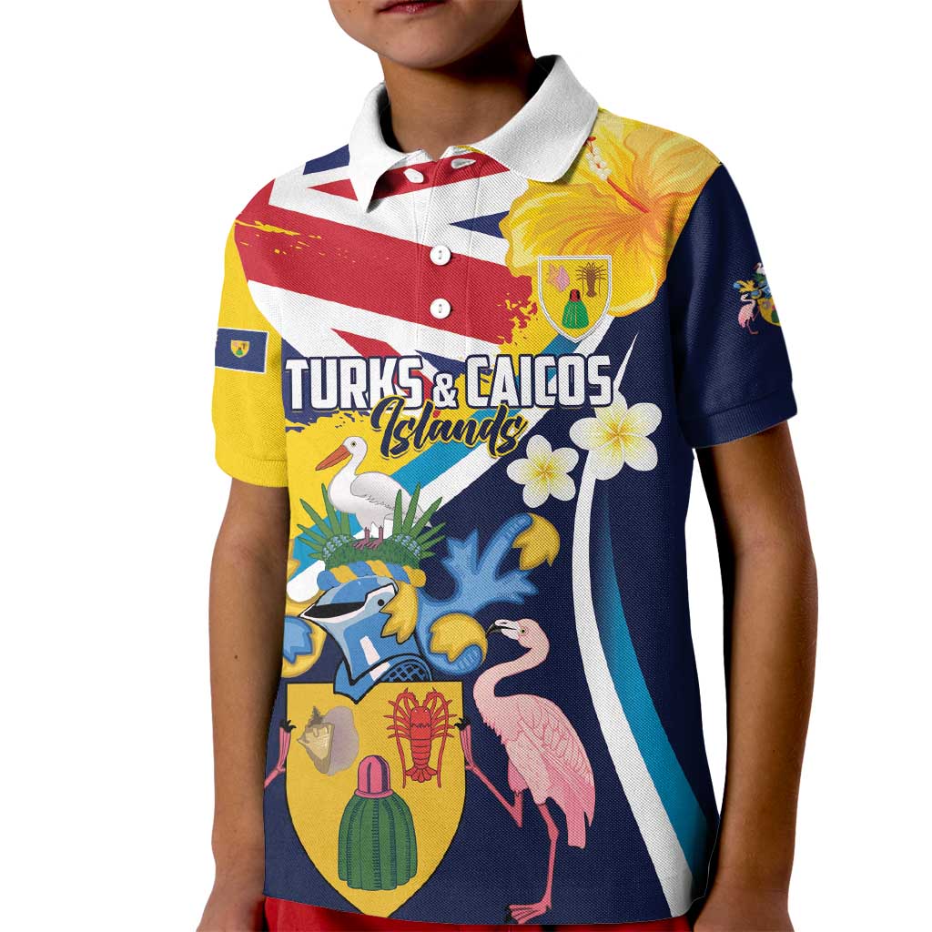Personalised Turks and Caicos Islands Kid Polo Shirt Coat Of Arms Tropical Flowers