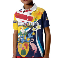 Personalised Turks and Caicos Islands Kid Polo Shirt Coat Of Arms Tropical Flowers
