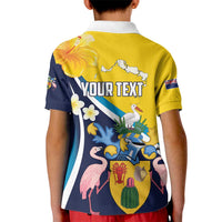 Personalised Turks and Caicos Islands Kid Polo Shirt Coat Of Arms Tropical Flowers