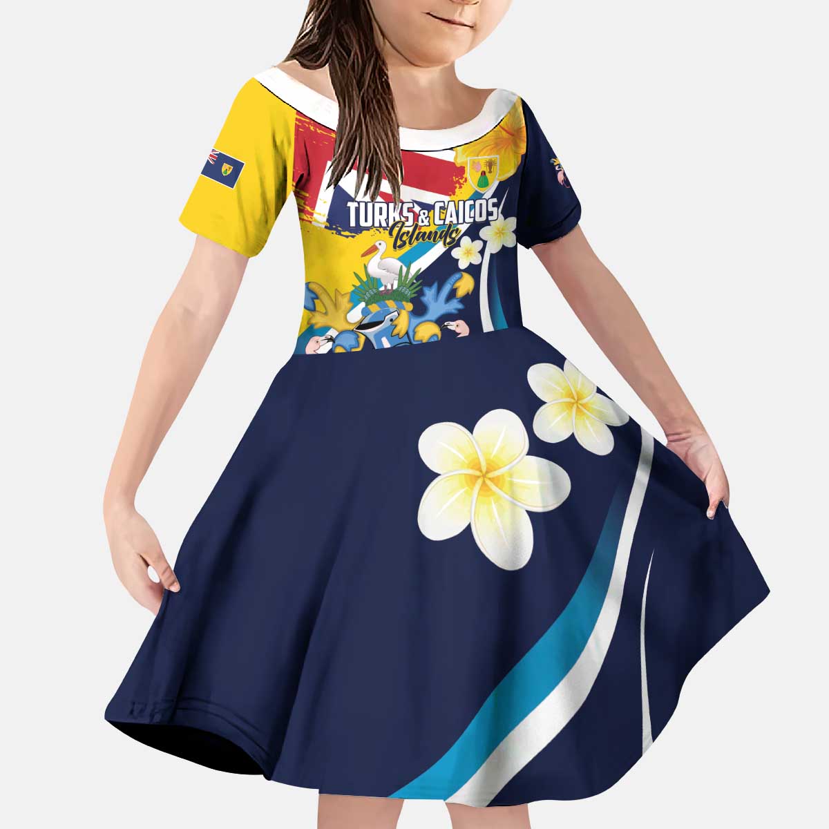 Personalised Turks and Caicos Islands Kid Short Sleeve Dress Coat Of Arms Tropical Flowers