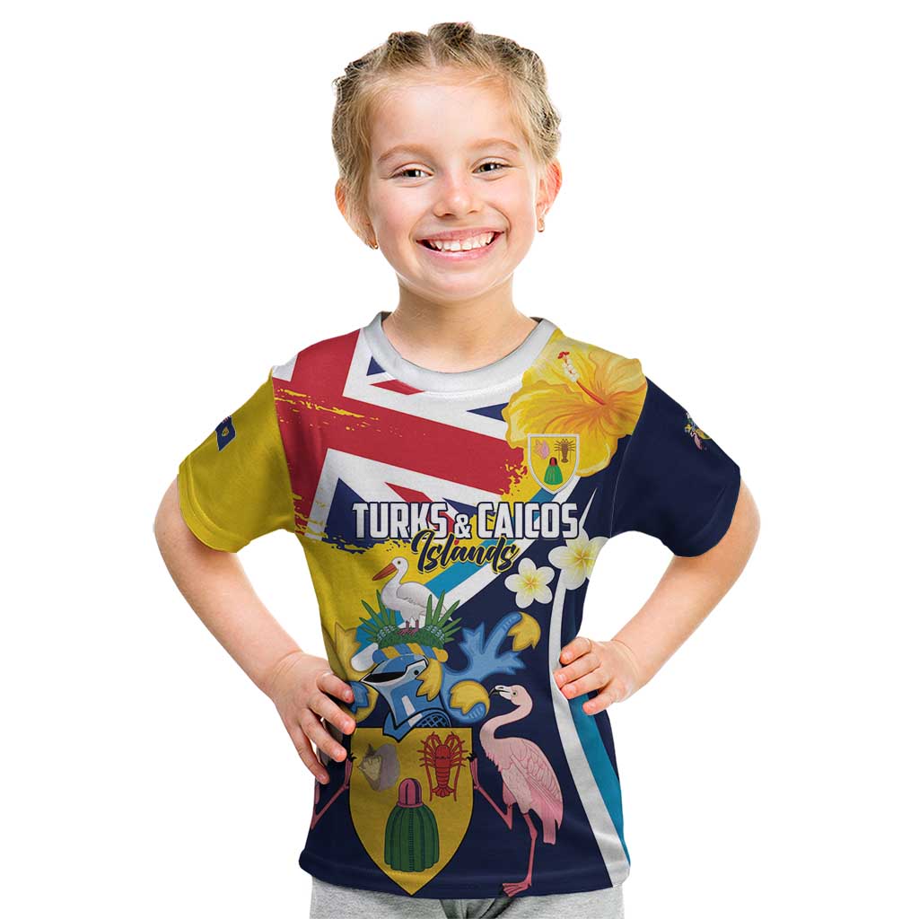 Personalised Turks and Caicos Islands Kid T Shirt Coat Of Arms Tropical Flowers