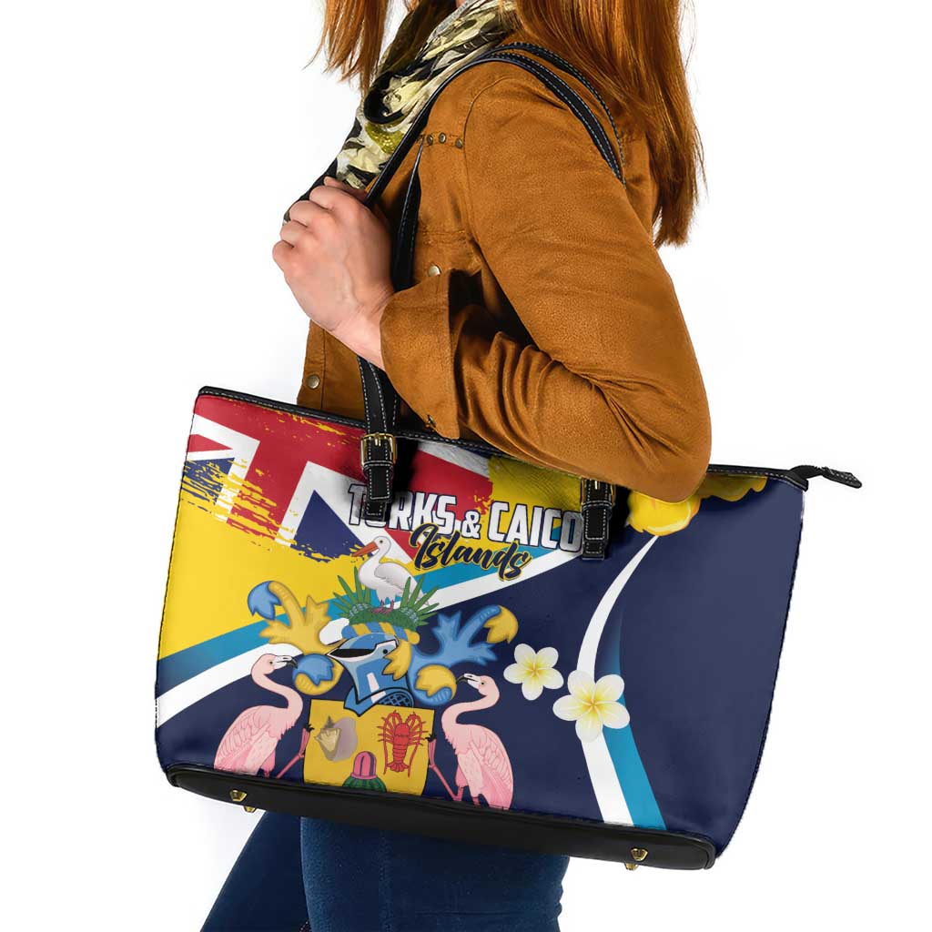 Turks and Caicos Islands Leather Tote Bag Coat Of Arms Tropical Flowers