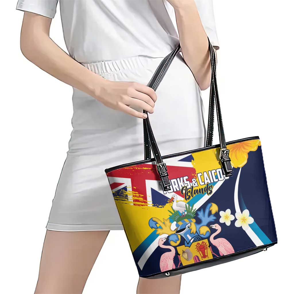 Turks and Caicos Islands Leather Tote Bag Coat Of Arms Tropical Flowers