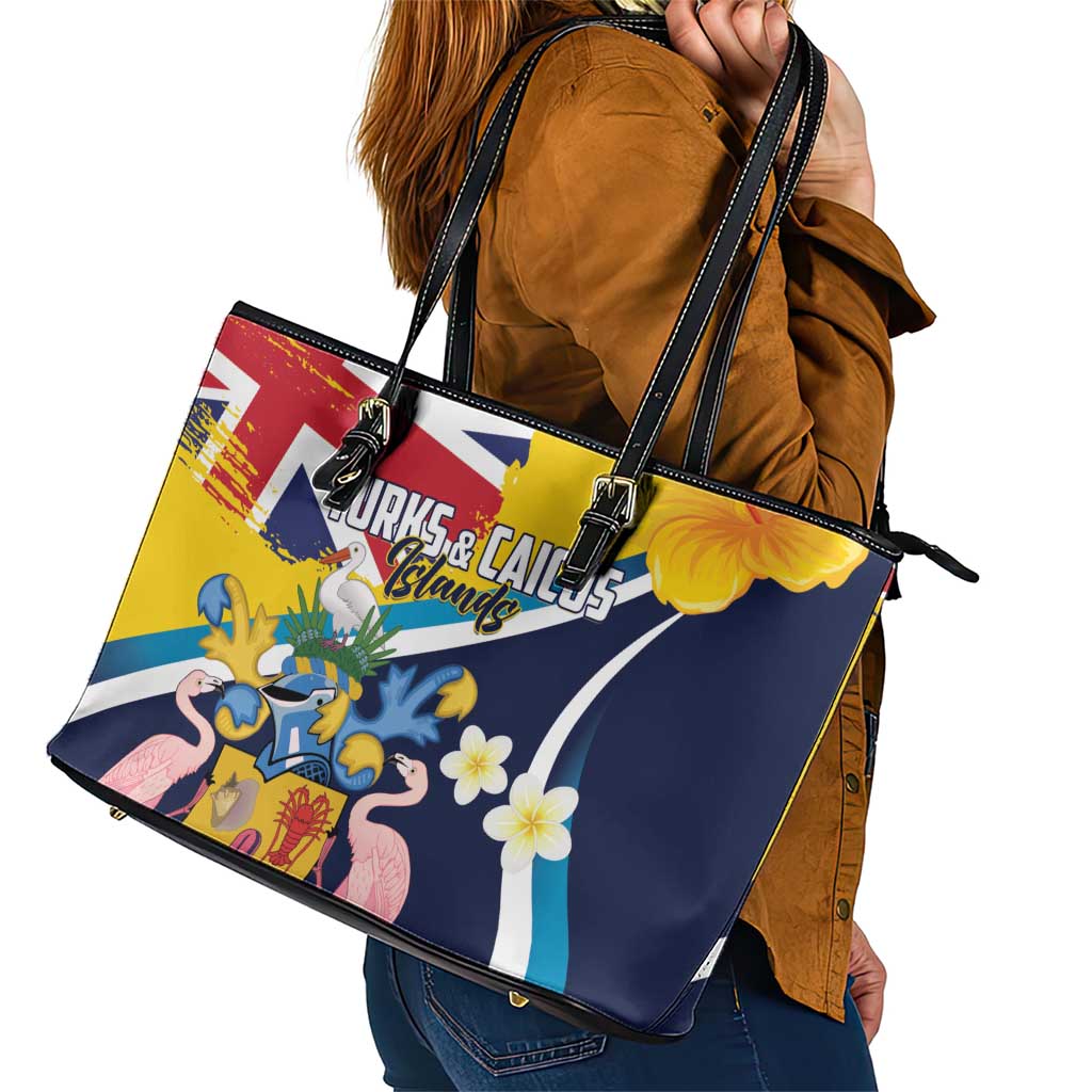 Turks and Caicos Islands Leather Tote Bag Coat Of Arms Tropical Flowers