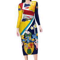 Personalised Turks and Caicos Islands Long Sleeve Bodycon Dress Coat Of Arms Tropical Flowers