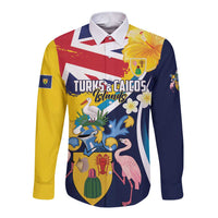 Personalised Turks and Caicos Islands Long Sleeve Button Shirt Coat Of Arms Tropical Flowers