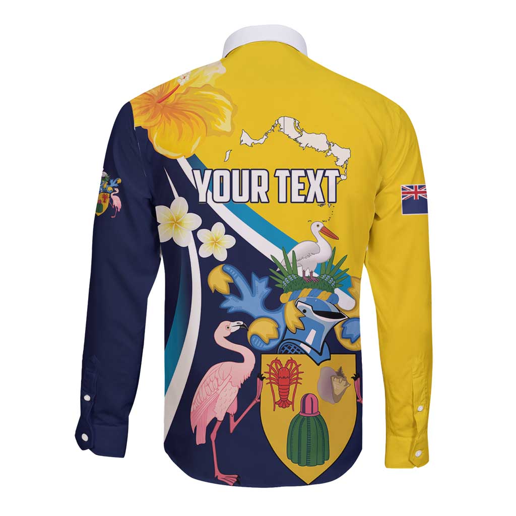 Personalised Turks and Caicos Islands Long Sleeve Button Shirt Coat Of Arms Tropical Flowers