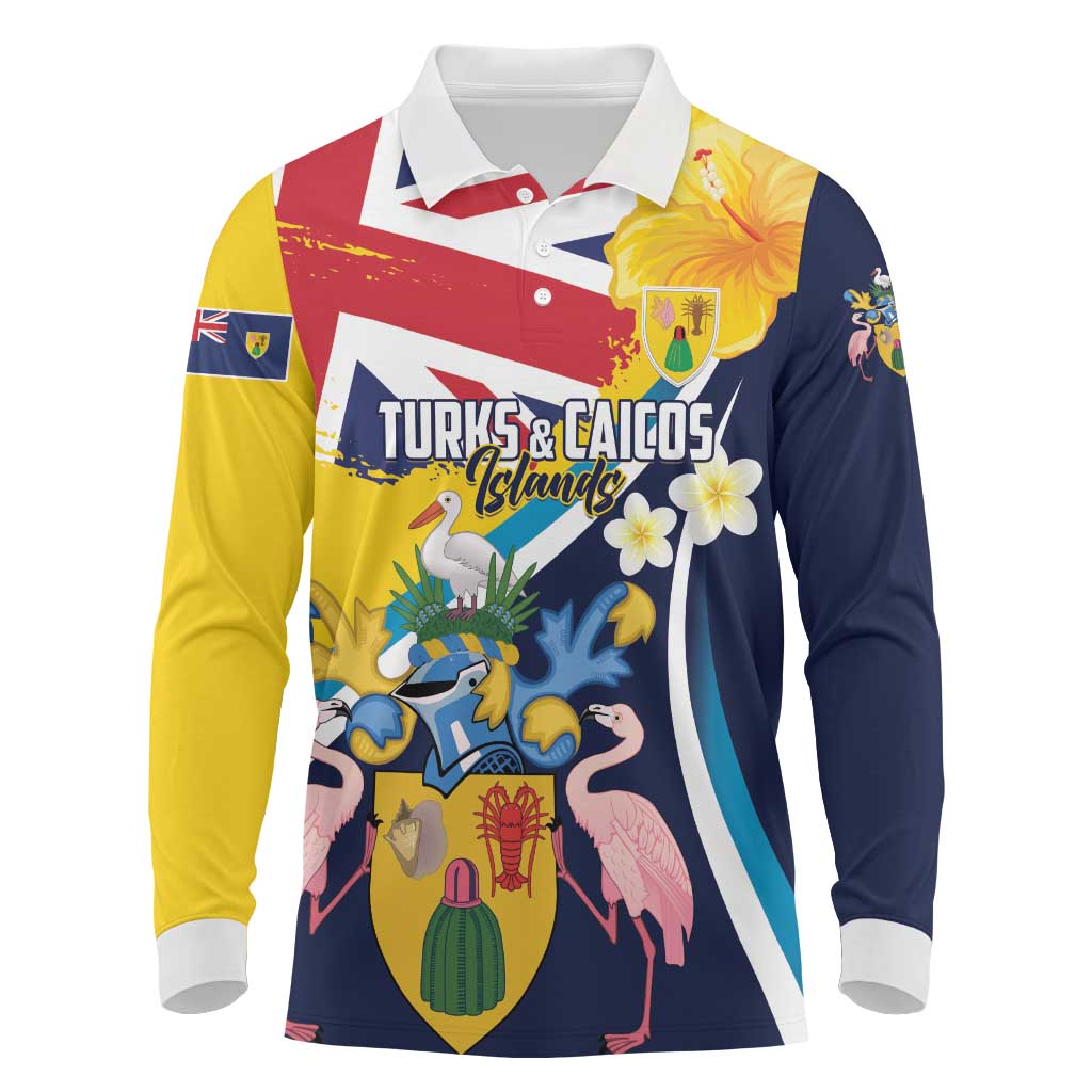 Personalised Turks and Caicos Islands Long Sleeve Polo Shirt Coat Of Arms Tropical Flowers