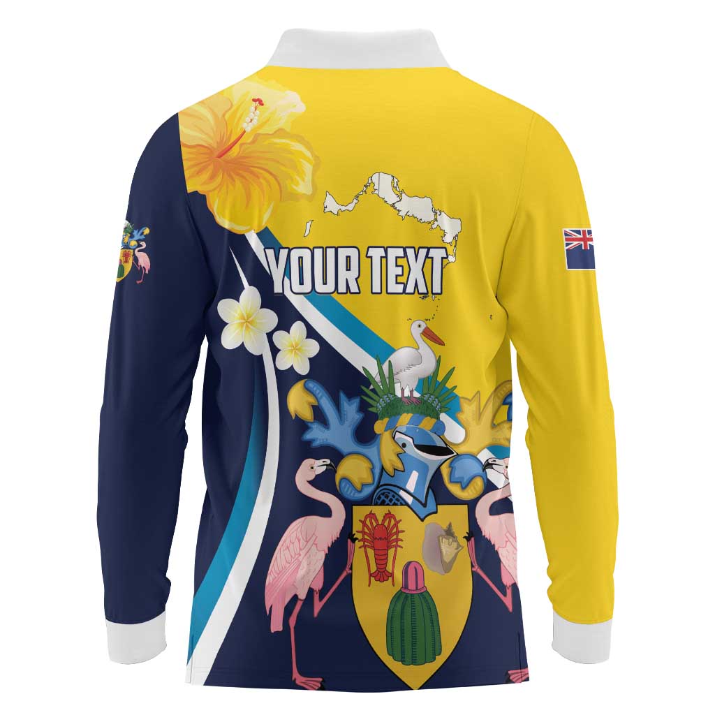 Personalised Turks and Caicos Islands Long Sleeve Polo Shirt Coat Of Arms Tropical Flowers