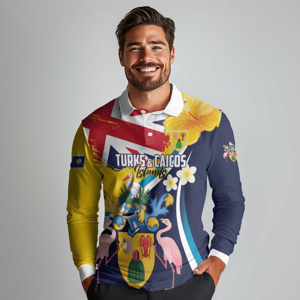 Personalised Turks and Caicos Islands Long Sleeve Polo Shirt Coat Of Arms Tropical Flowers