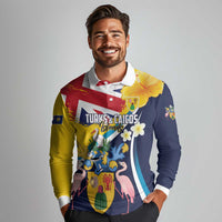 Personalised Turks and Caicos Islands Long Sleeve Polo Shirt Coat Of Arms Tropical Flowers