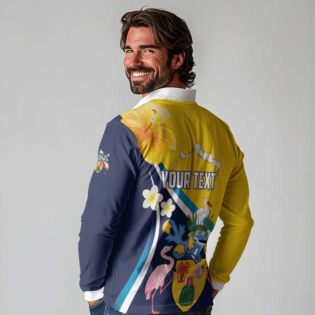 Personalised Turks and Caicos Islands Long Sleeve Polo Shirt Coat Of Arms Tropical Flowers