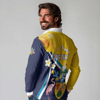 Personalised Turks and Caicos Islands Long Sleeve Polo Shirt Coat Of Arms Tropical Flowers