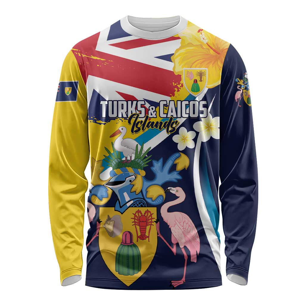 Personalised Turks and Caicos Islands Long Sleeve Shirt Coat Of Arms Tropical Flowers