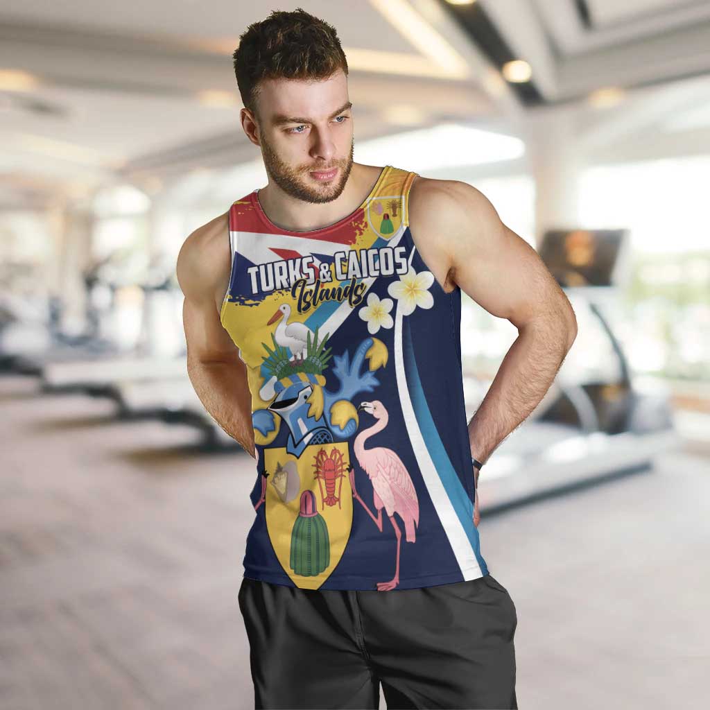 Personalised Turks and Caicos Islands Men Tank Top Coat Of Arms Tropical Flowers