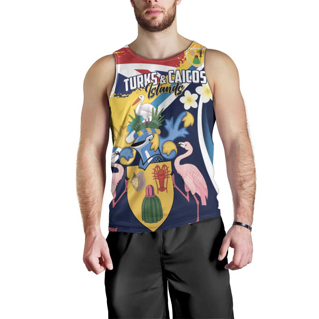 Personalised Turks and Caicos Islands Men Tank Top Coat Of Arms Tropical Flowers