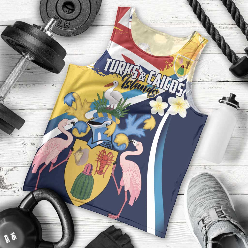 Personalised Turks and Caicos Islands Men Tank Top Coat Of Arms Tropical Flowers