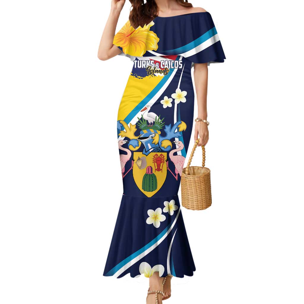 Personalised Turks and Caicos Islands Mermaid Dress Coat Of Arms Tropical Flowers