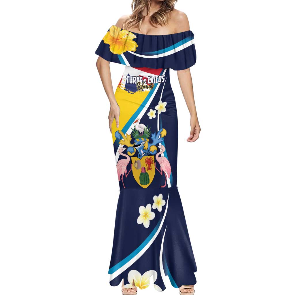 Personalised Turks and Caicos Islands Mermaid Dress Coat Of Arms Tropical Flowers