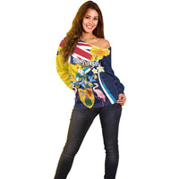 Personalised Turks and Caicos Islands Off Shoulder Sweater Coat Of Arms Tropical Flowers