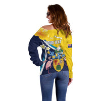 Personalised Turks and Caicos Islands Off Shoulder Sweater Coat Of Arms Tropical Flowers