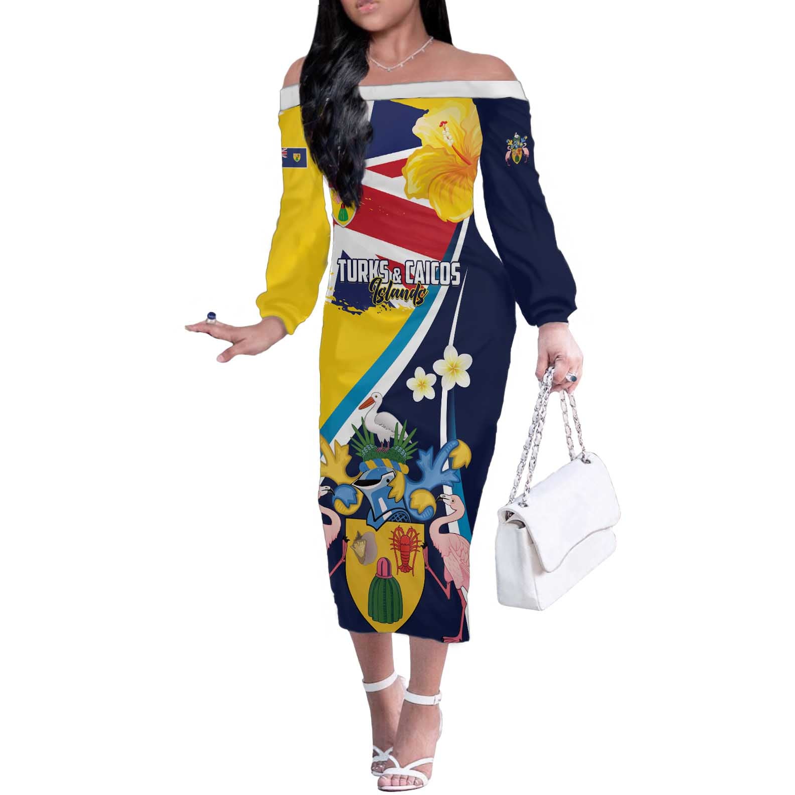 Personalised Turks and Caicos Islands Off The Shoulder Long Sleeve Dress Coat Of Arms Tropical Flowers
