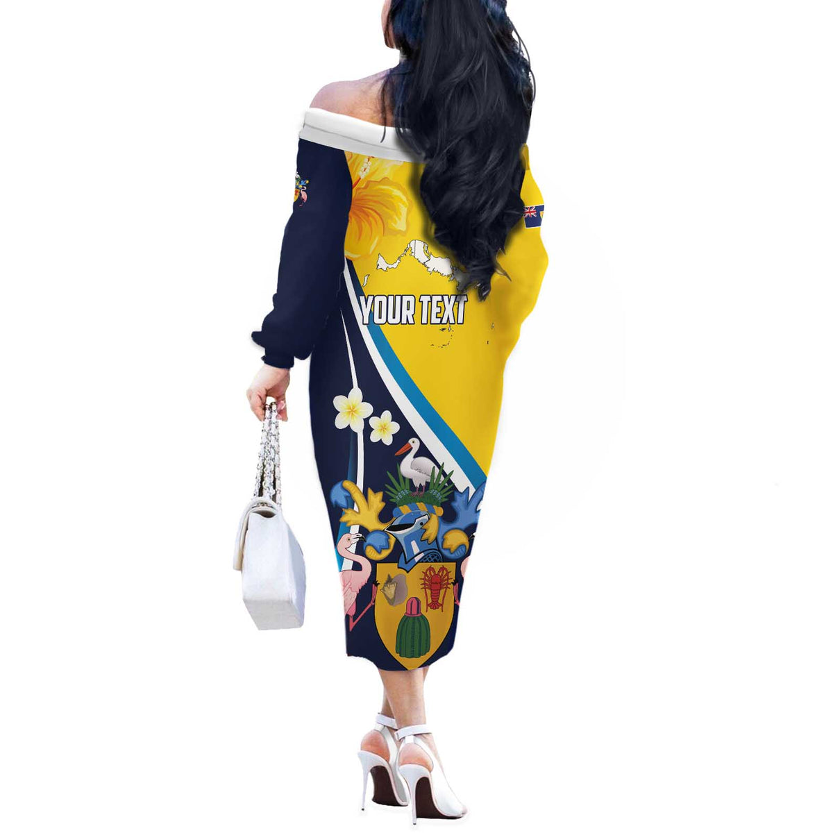 Personalised Turks and Caicos Islands Off The Shoulder Long Sleeve Dress Coat Of Arms Tropical Flowers