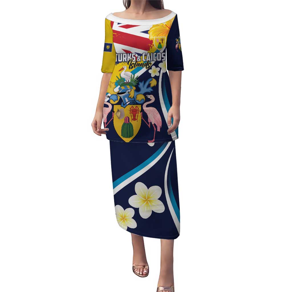 Personalised Turks and Caicos Islands Puletasi Coat Of Arms Tropical Flowers