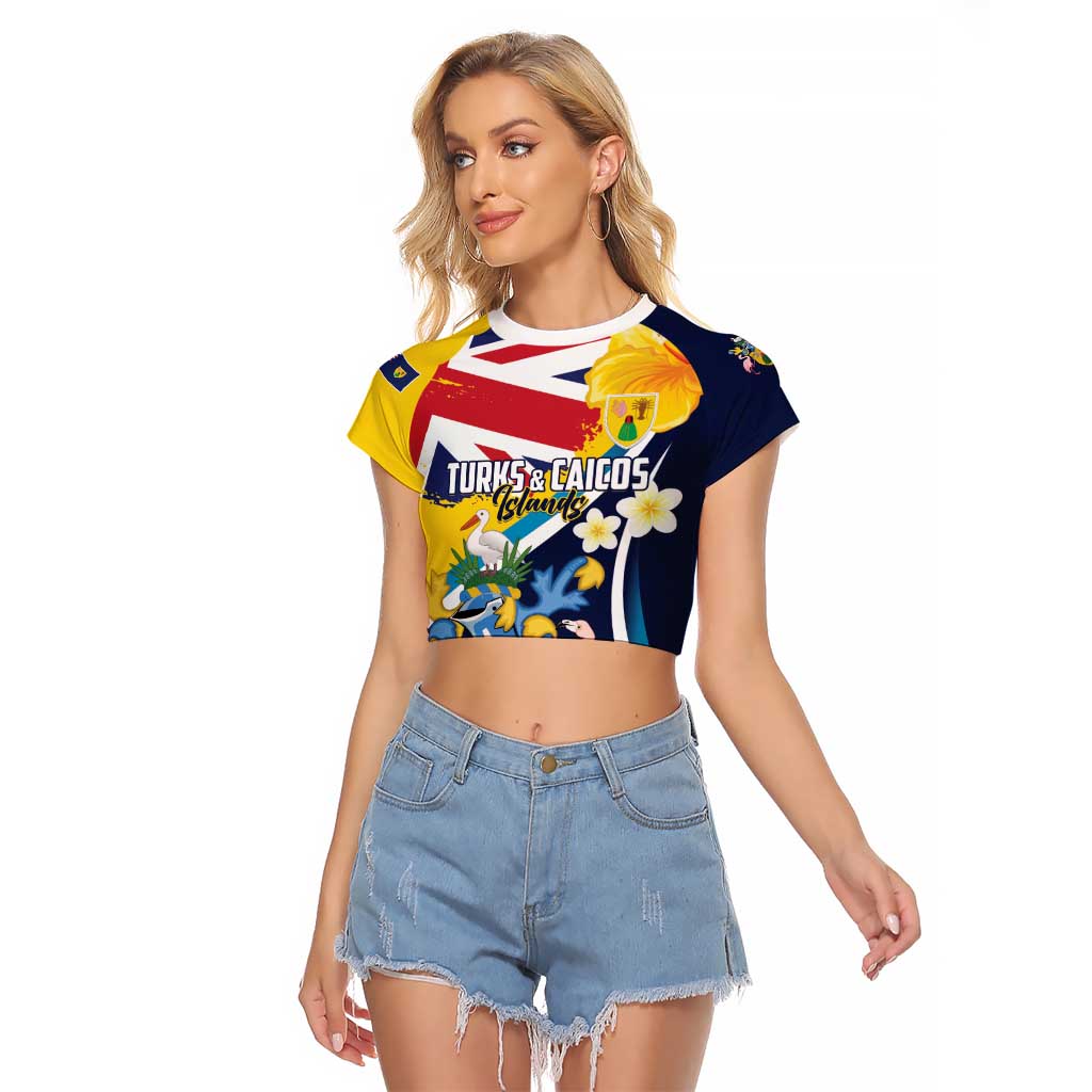 Personalised Turks and Caicos Islands Raglan Cropped T Shirt Coat Of Arms Tropical Flowers