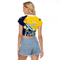 Personalised Turks and Caicos Islands Raglan Cropped T Shirt Coat Of Arms Tropical Flowers