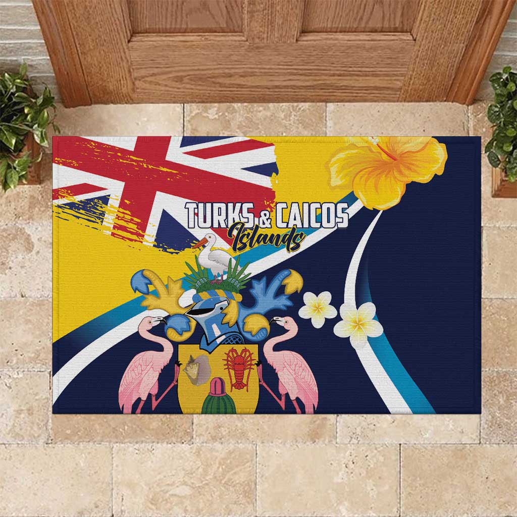 Turks and Caicos Islands Rubber Doormat Coat Of Arms Tropical Flowers